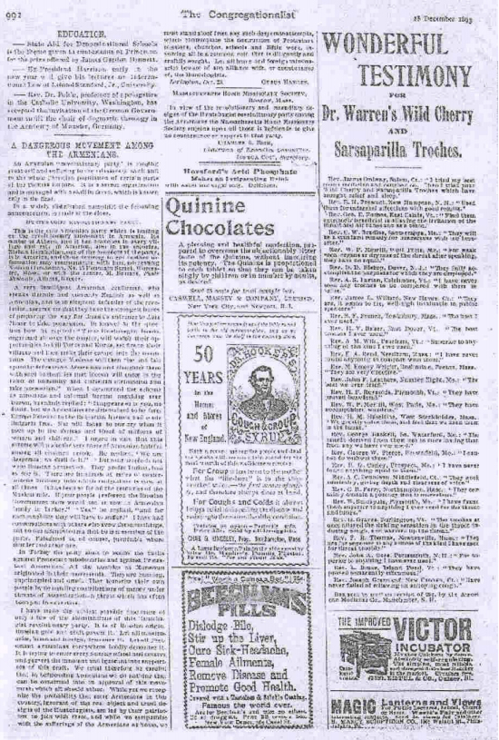 The reproduction of the letter of American Missionary, Cyrus Hamlin, exposing Armenian terrorist tactics for attracting the attention of the West to so-called "atrocities against the Christian subjects of the Ottoman Empire". The letter was published at the Congregationalist on December 28, 1897.